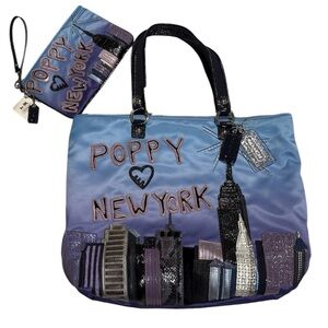 Coach Poppy NYC Ombre Blue Satin Leather Skyline Glam Tote Bag and Wristlet NWT